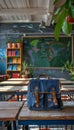 Vibrant school backpack on desk with classroom of children in backgroundback to school theme Royalty Free Stock Photo