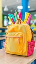 Vibrant school backpack and supplies on table with blurred backgroundback to school theme Royalty Free Stock Photo