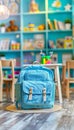 Vibrant school backpack on table with classroom full of children in backgroundback to school theme. Royalty Free Stock Photo