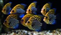 Vibrant school of striped clown fish in ornate coral reef generated by AI