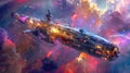 A vibrant science fiction scene featuring a large spacecraft with damage and explosions, set against a dynamic cosmic backdrop Royalty Free Stock Photo
