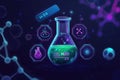 Colorful science-themed app icon featuring a beaker with H2O and various molecular structures in a futuristic design Royalty Free Stock Photo
