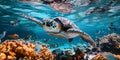 Vibrant sea turtle swimming in azure waters of tropical ocean, a close-up shot with coral reef. dynamic underwater