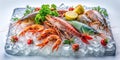 A vibrant seafood display featuring various shellfish and fish, artfully arranged on a bed of ice, garnished with fresh herbs and Royalty Free Stock Photo
