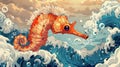 Adorable Seahorse Riding Ocean Waves, Cute Marine Life Illustration Royalty Free Stock Photo