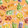 Vibrant Seamless Pattern Depicting Refreshing Summer Fruit Drinks, Featuring A Variety Of Colorful And Juicy Fruit Blend