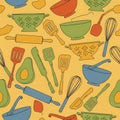 Vibrant seamless pattern of diverse kitchen utensils and avocado Royalty Free Stock Photo
