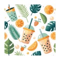Vibrant seamless pattern featuring bubble tea, orange slices, and tropical foliage, conveying summer freshness Royalty Free Stock Photo