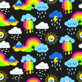 Vibrant seamless pattern. Vector hand drawn illustration. Set of weather elements in a flat cartoon style
