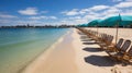 Vibrant seaside boardwalk with colorful beach huts, flowers, and umbrellas for summer promotion Royalty Free Stock Photo