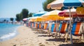 Vibrant seaside boardwalk with colorful beach huts and sun umbrellas, perfect for summer promotion