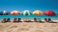 Vibrant seaside boardwalk with colorful beach huts and sun umbrellas for summer promotion