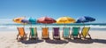 Vibrant seaside boardwalk with colorful beach huts and sun umbrellas for summer promotion