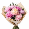 Vibrant Sensations: Classic Bouquet Of Pink Peonies In Light Brown And Violet