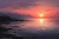 Vibrant and serene painting capturing a breathtaking sunset over a peaceful body of water, A tranquil depiction of soft, blending