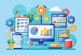 This vibrant setup showcases various digital devices displaying analytics and graphs for data management, Setup analytics Royalty Free Stock Photo