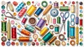 Vibrant Sewing Essentials A Colorful Collection of Scissors Threads Buttons and Needles on a Textured White Background Royalty Free Stock Photo