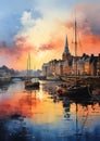 Vibrant Shipyard Sunset: A Colorful View of Boats, Houses, and t