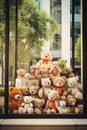 Vibrant Shop Window Showcasing Exquisitely Crafted Soft Toys for Kids in Delightful Pastel Colors