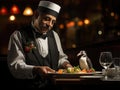 Cool penguin waiter serving tiny fish