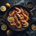 A vibrant shrimp dish sizzles in a pan Royalty Free Stock Photo