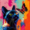 vibrant Siamese cat gazes curiously at colorful butterfly, set against lively abstract background. striking colors and playful