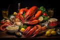 A vibrant sight of a table adorned with an assortment of seafood including lobsters, lemons, and more., A seafood feast featuring Royalty Free Stock Photo