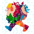 A vibrant silhouette composed of interlocking colorful shapes forms a dynamic figure in motion