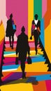 Vibrant silhouettes walking against a colorful abstract background Royalty Free Stock Photo