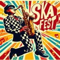 Vibrant Ska Fest Poster Featuring Saxophonist in Checkerboard Suit Royalty Free Stock Photo