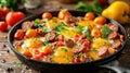 Sunny Side Up Eggs with Sausage and Tomatoes Breakfast Dish in Skillet Ready to Eat Royalty Free Stock Photo