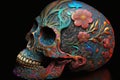 Vibrant skull adorned with intricate floral designs takes center stage against a black backdrop