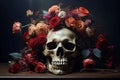 Vibrant Skull roses paint life. Generate Ai