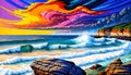 Vibrant sky color violent storm windy ocean seashore waves