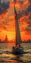 Vibrant Skylines: Sail Boat In New York Harbor At Sunset