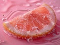 A vibrant slice of grapefruit rests elegantly on a soft pink surface, creating a stunning contrast of colors