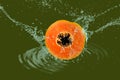 Vibrant slice of papaya fruit submerged in the water against a green backdrop.