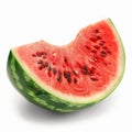A vibrant slice of seedless watermelon showing off its refreshing red flesh and contrasting green rind against a white