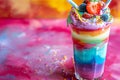 A vibrant smoothie with layers of rainbowcolored swirls and toppings