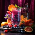 Vibrant Smoothie Medley: Backlit Glow, Colorful Ingredients, Detailed Textures, Layered Glass Presentation Highlighting Superfood