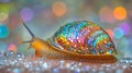 A vibrant snail, adorned with colorful patterns, sits amidst a dazzling bokeh backdrop Royalty Free Stock Photo