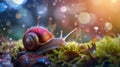 Snail exploring mosscovered ground in lush natural landscape