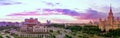 Vibrant soft wide angle panoramic view of sunset evening campus of famous Russian university under dramatic sky in Moscow