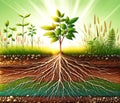 Vibrant soil cross-section with a plant and extensive roots, beaming with life