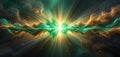 Abstract Soundwave Bursting with Emerald Green and Golden Light Against a Cosmic Nebula Backdrop Royalty Free Stock Photo