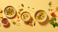 Vibrant Soup Flatlay: Asian-inspired Bowls On Yellow Background