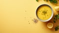 Vibrant Soup Flatlay With Herbs On Yellow Background