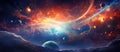Vibrant space painting with planets, stars, and electric blue sky Royalty Free Stock Photo