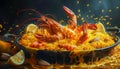 Vibrant Spanish Seafood Paella with Juicy Shrimp and Lemon Slices in a Traditional Pan Gourmet Dish Concept