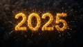 A vibrant, sparkling representation of the year 2025 is centrally featured against a dark background